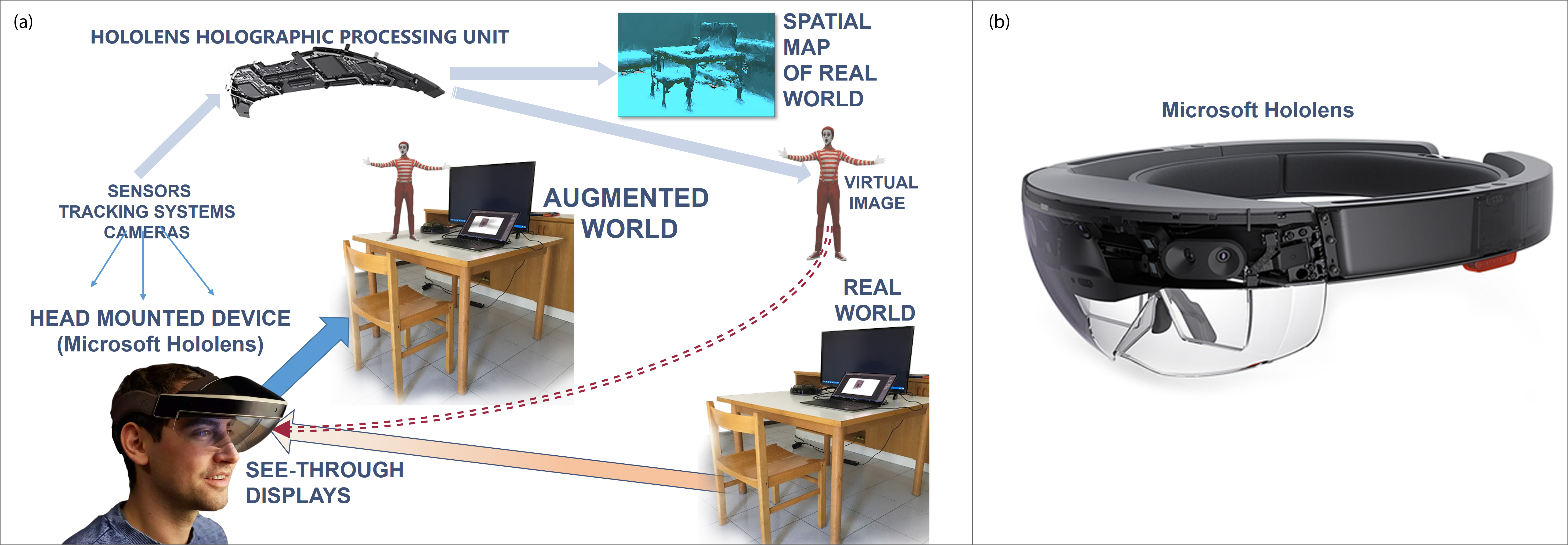 Figure 1. A conceptual diagram of an AR system (a) with a head-mounted device and see-through displays